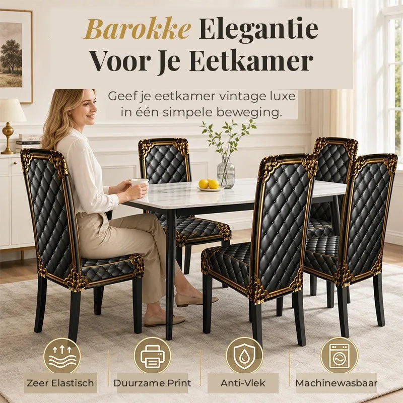 Stretch Baroque Dining Chair Cover with Gold Detail Print