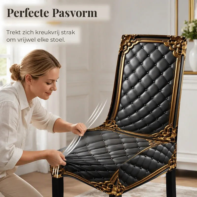 Stretch Baroque Dining Chair Cover with Gold Detail Print