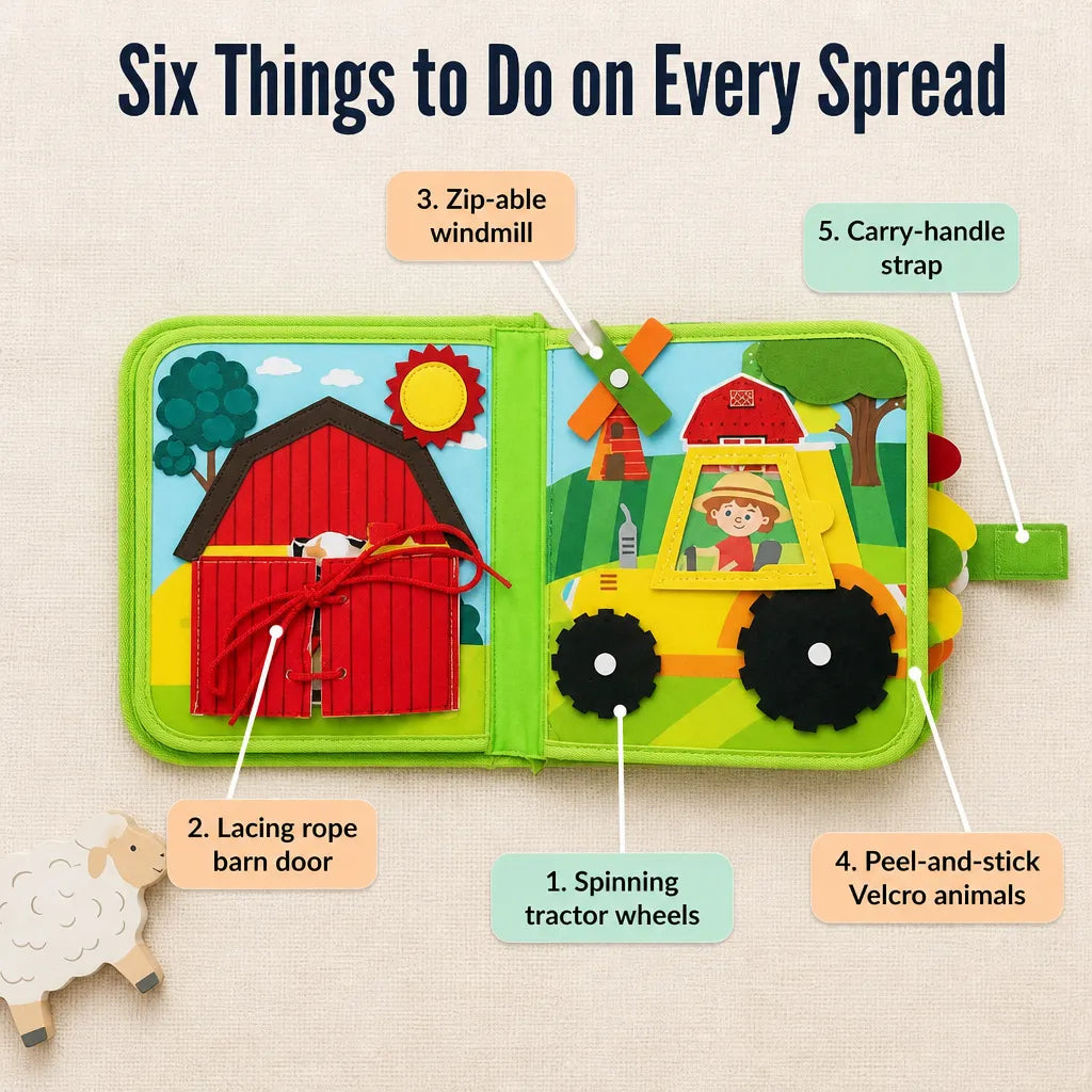 Toddler Felt Farm Quiet Book with Zippers and Puppets