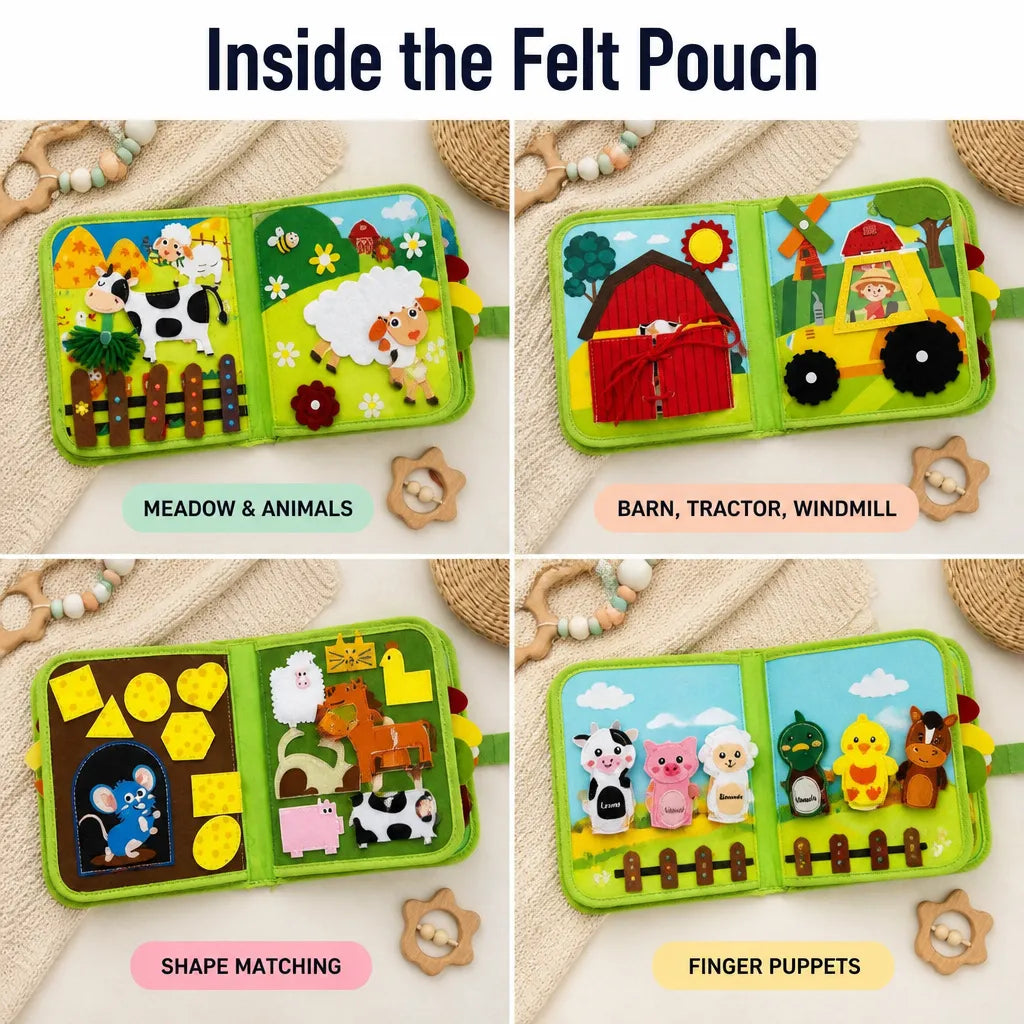 Toddler Felt Farm Quiet Book with Zippers and Puppets