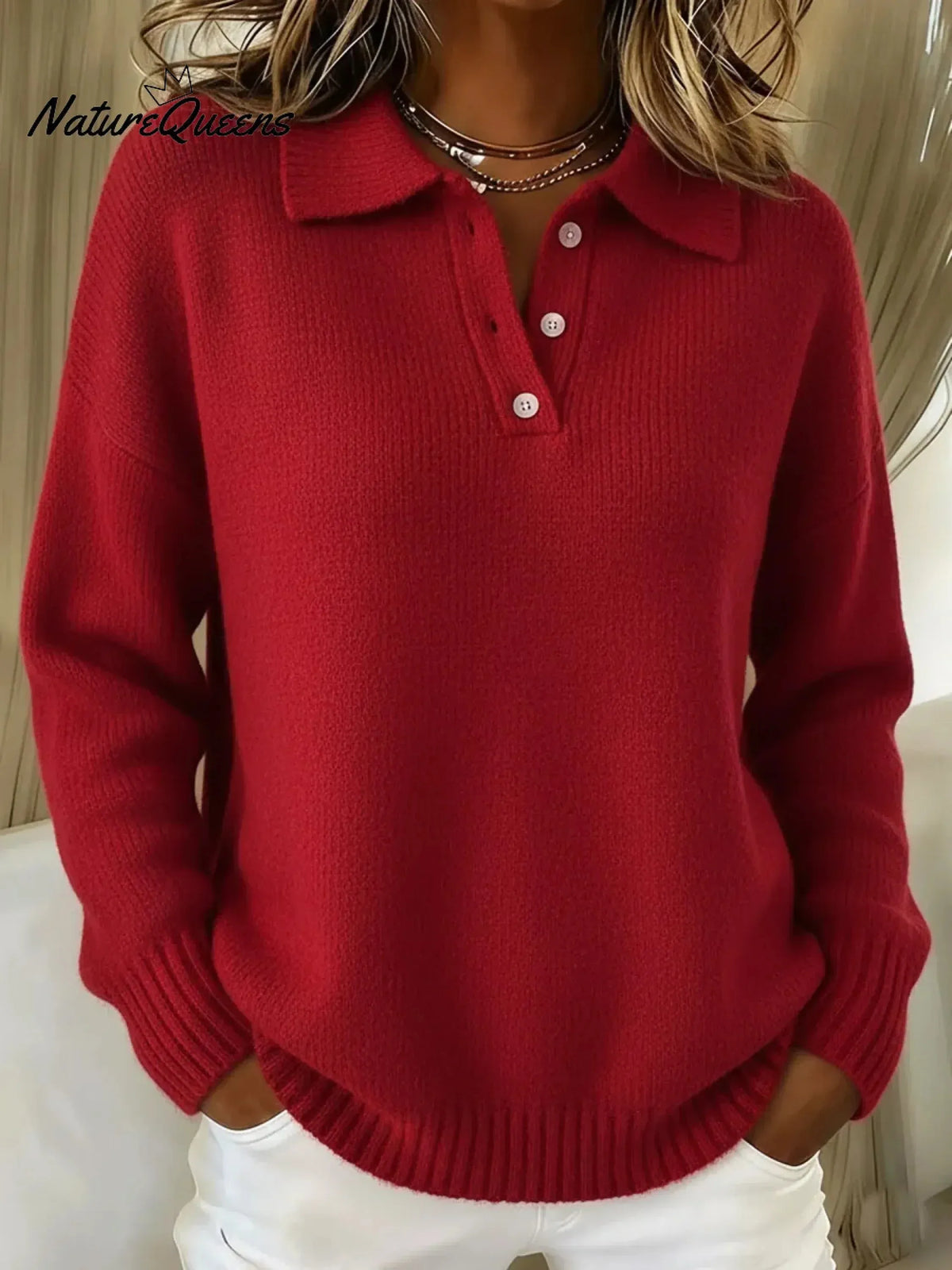Unisex Long Sleeve Polo Collar Knit Sweater
