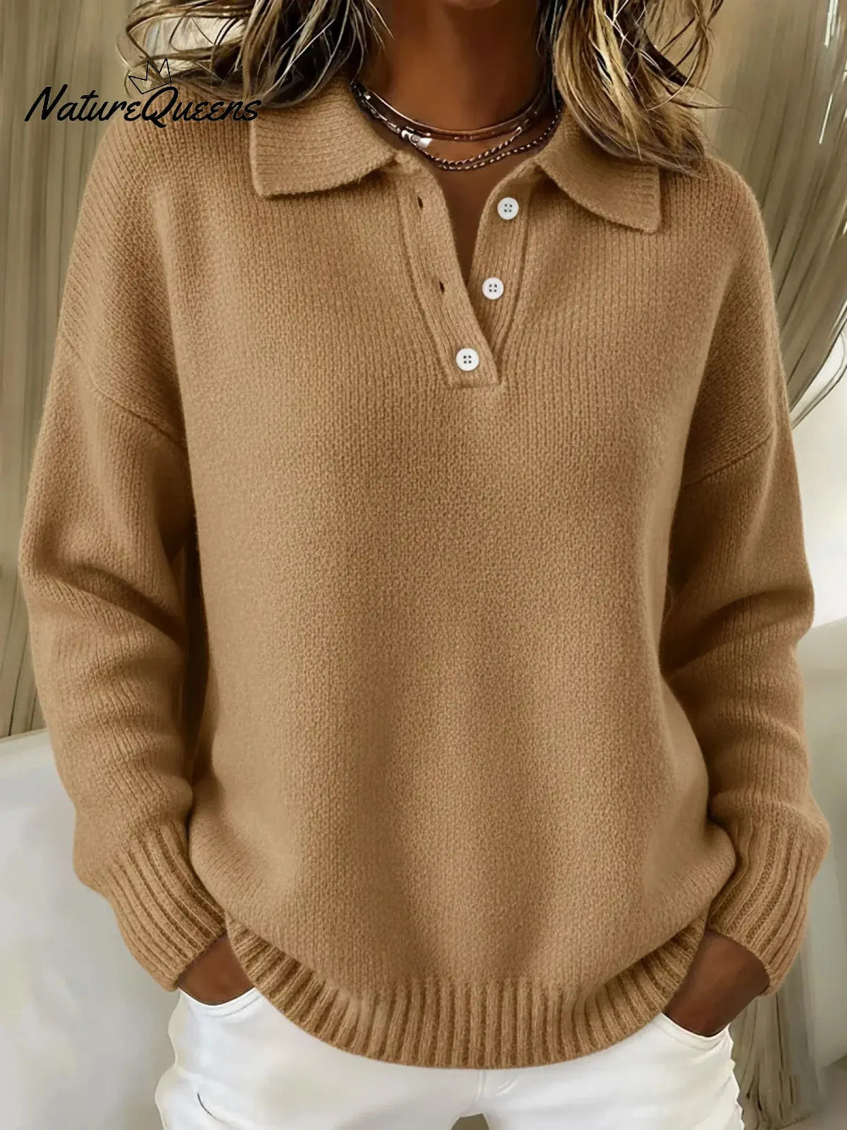 Unisex Long Sleeve Polo Collar Knit Sweater
