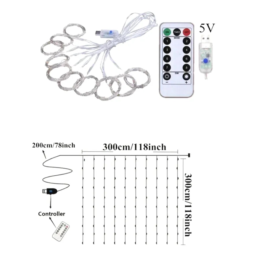 USB LED Curtain String Lights with Remote Control