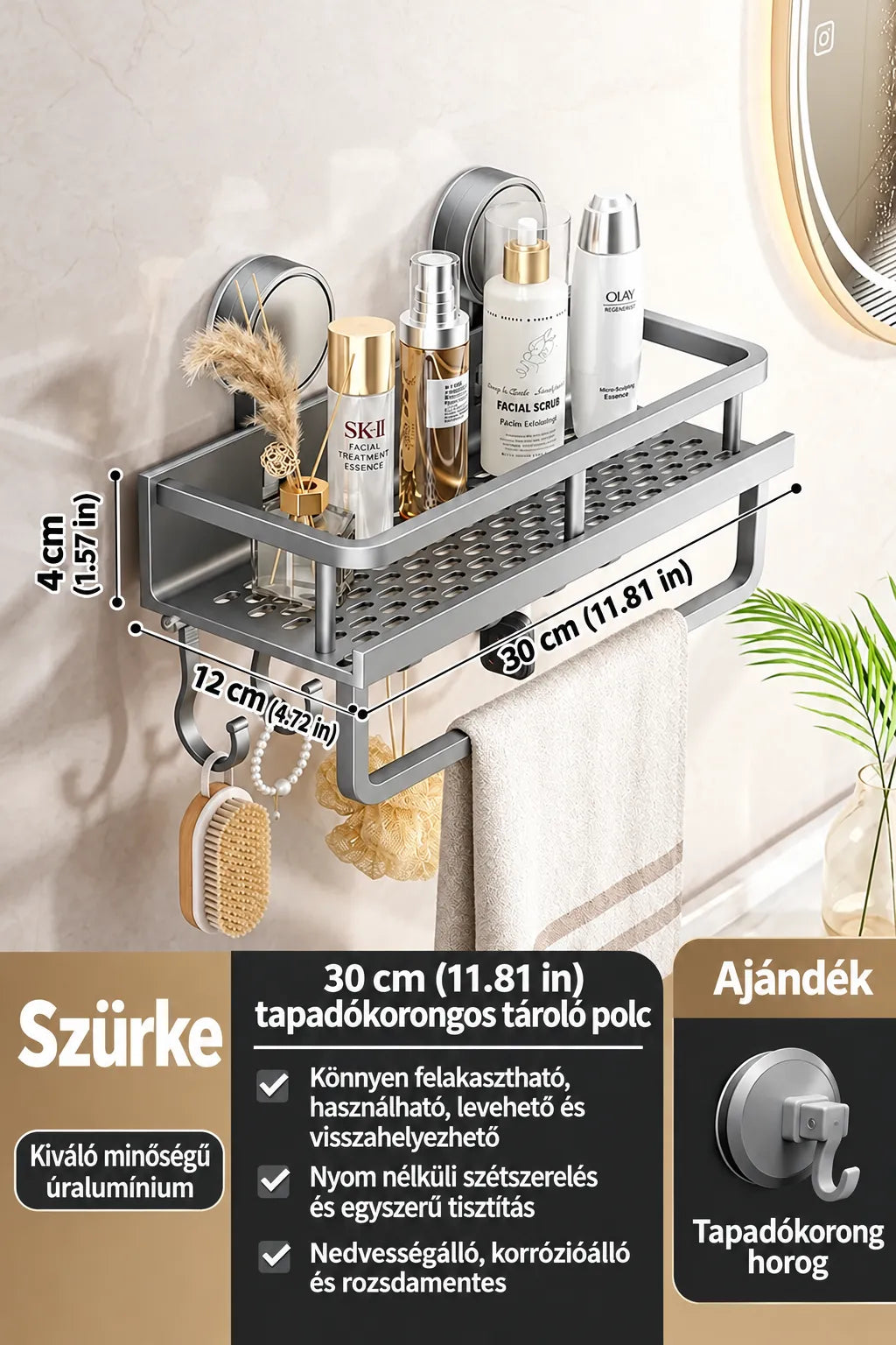 Wall-Mounted Bathroom Shelf with Suction Cups and Drainage