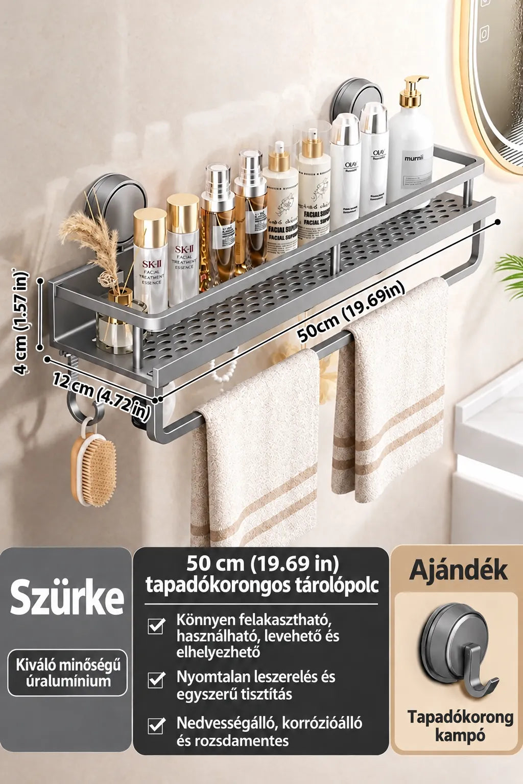 Wall-Mounted Bathroom Shelf with Suction Cups and Drainage