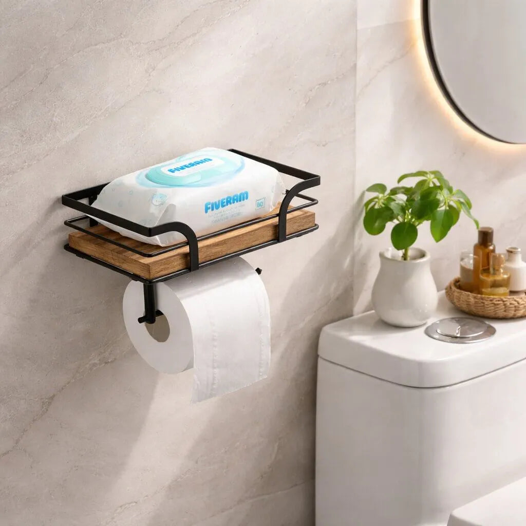 Wall-Mounted Toilet Paper Holder with Storage Shelf