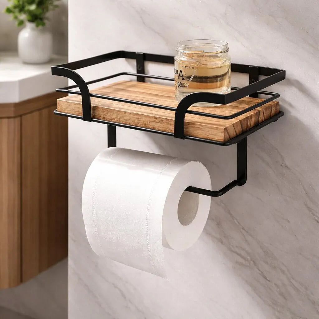 Wall-Mounted Toilet Paper Holder with Storage Shelf