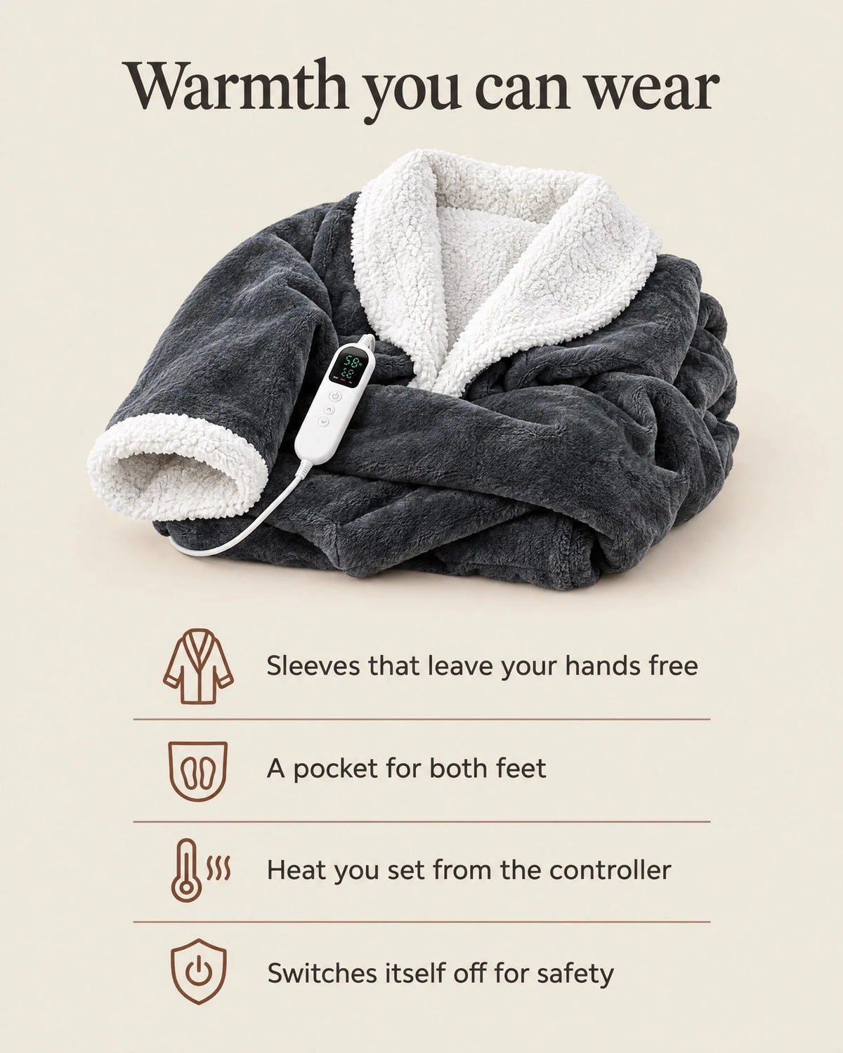 Wearable Heated Blanket Robe with Sleeves and Foot Pocket
