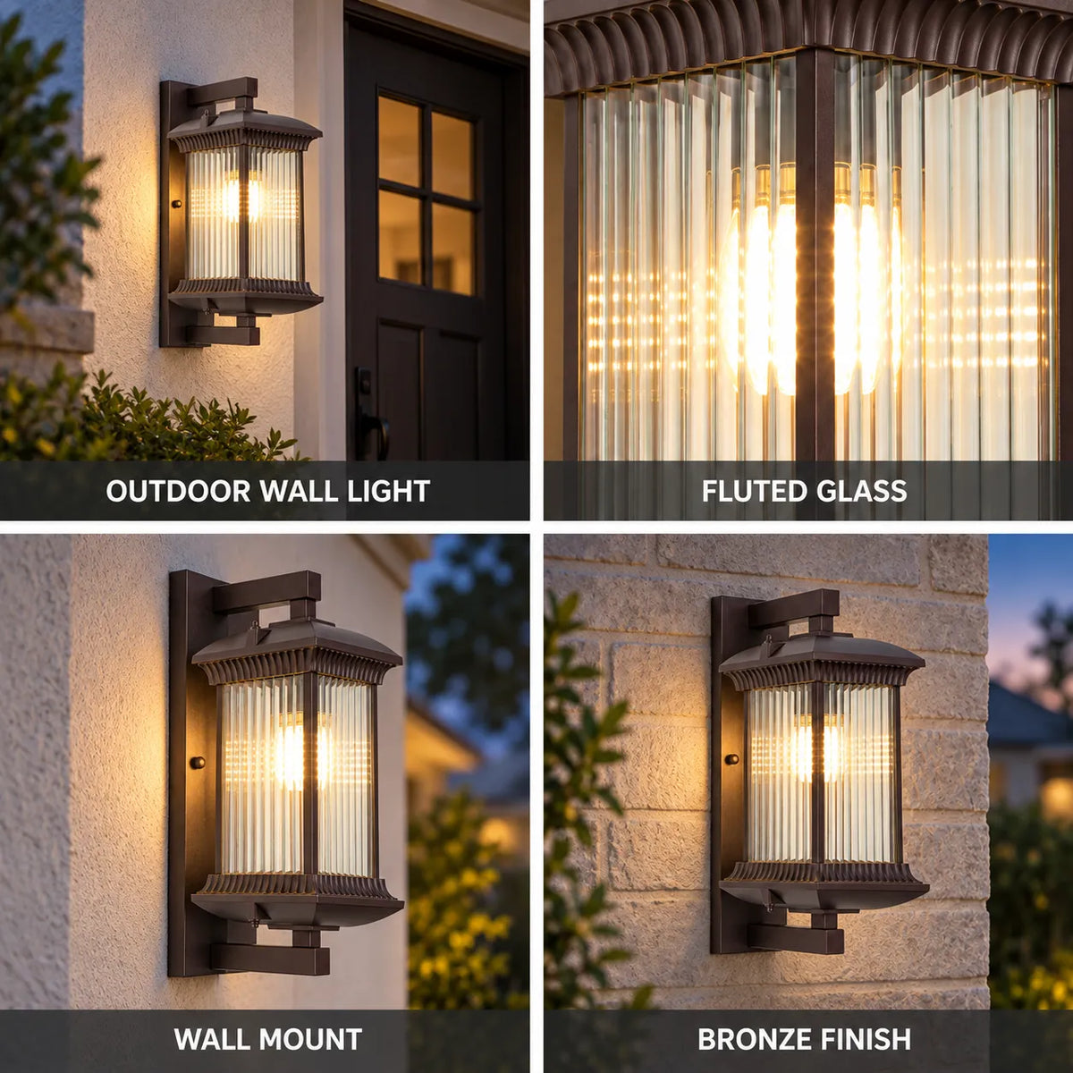 Weatherproof Ribbed Glass Outdoor Wall Light with Metal Frame