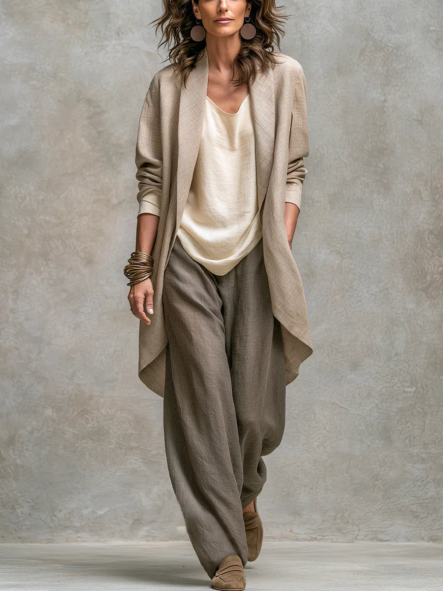 Women's 3-Piece Linen-Look Suit Set with Long Jacket