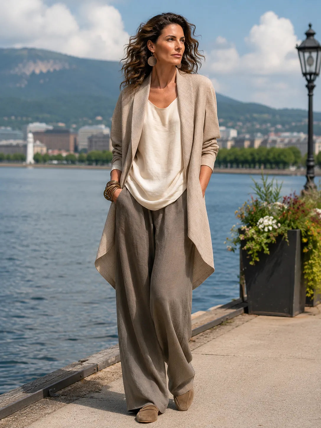 Women's 3-Piece Linen-Look Suit Set with Long Jacket