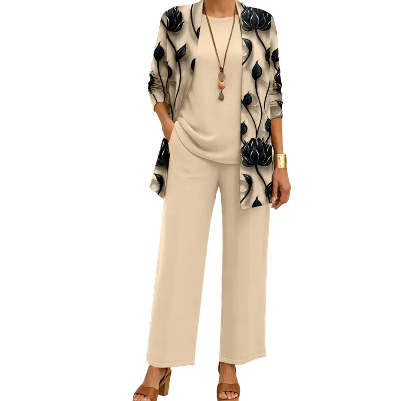 Women's 3-Piece Outfit Set with Patterned Cardigan