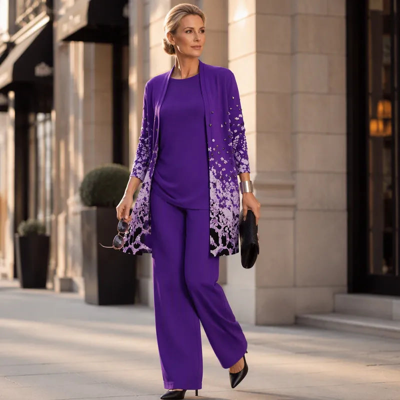 Women's 3-Piece Outfit Set with Patterned Cardigan