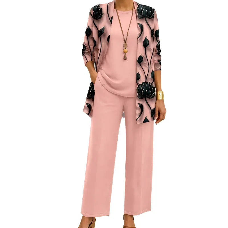 Women's 3-Piece Outfit Set with Patterned Cardigan