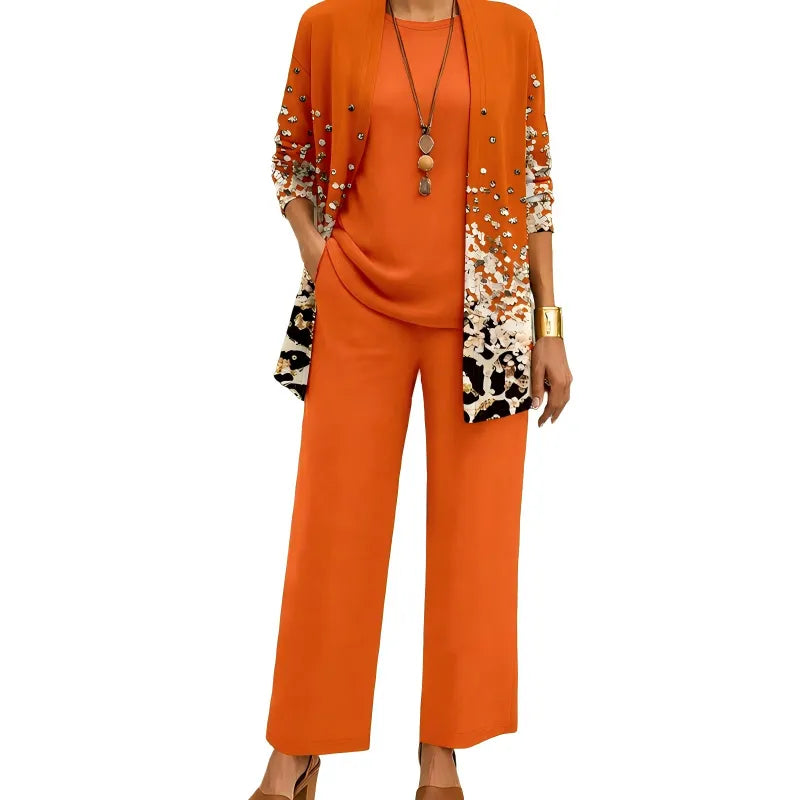 Women's 3-Piece Outfit Set with Patterned Cardigan