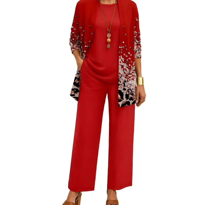 Women's 3-Piece Outfit Set with Patterned Cardigan