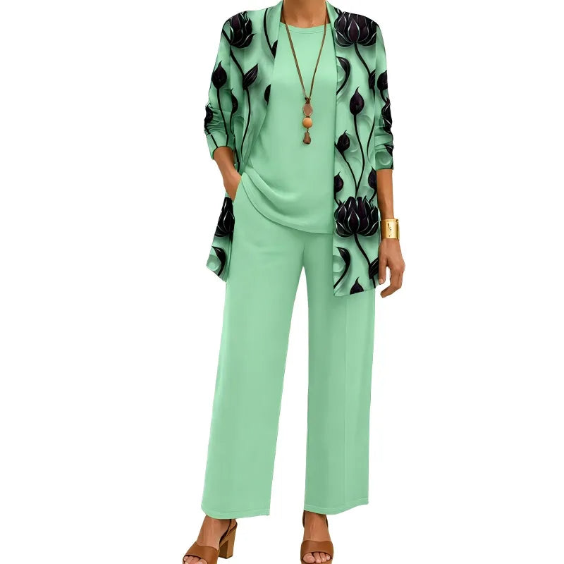 Women's 3-Piece Outfit Set with Patterned Cardigan