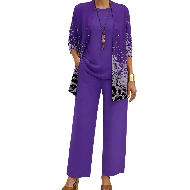 Women's 3-Piece Outfit Set with Patterned Cardigan