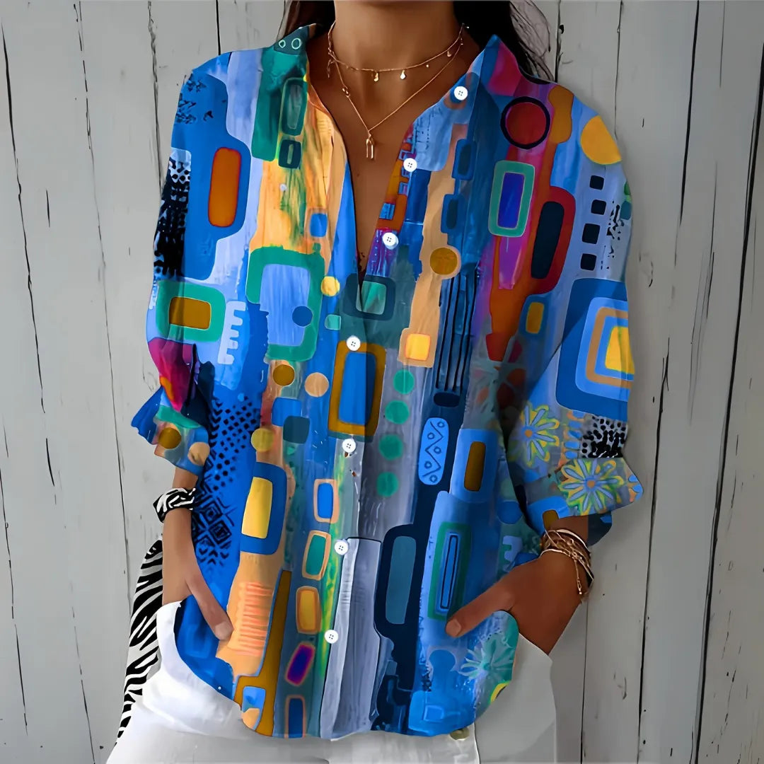 Women's Artistic Print Button-Up Blouse with Relaxed Fit