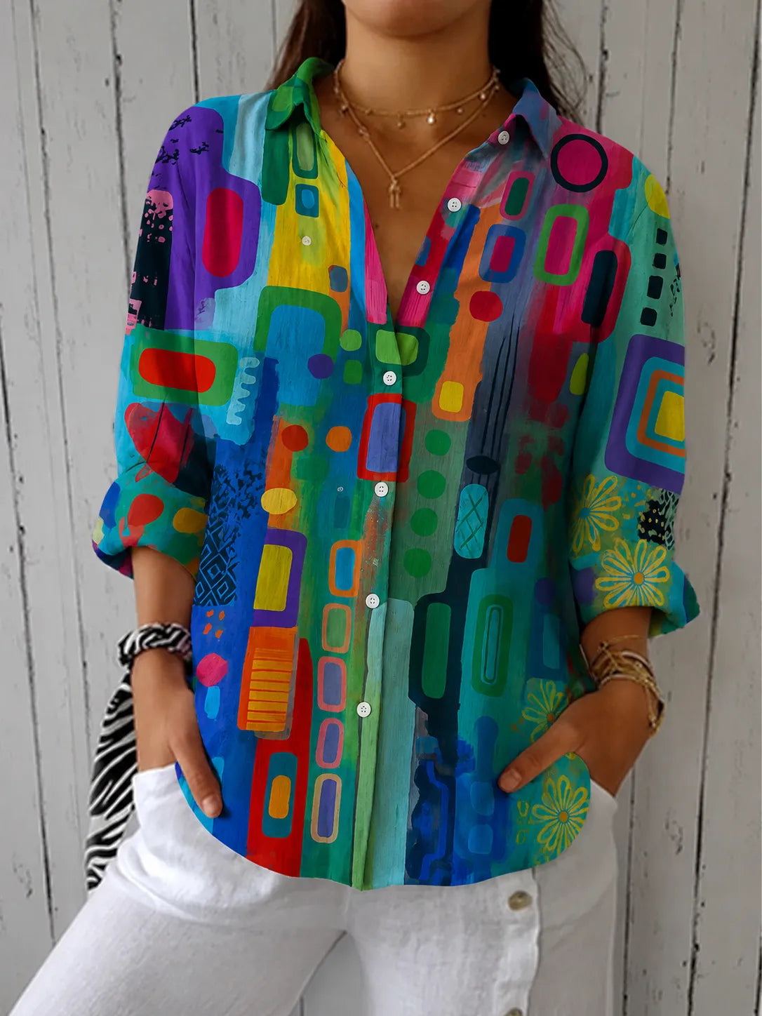 Women's Artistic Print Button-Up Blouse with Relaxed Fit