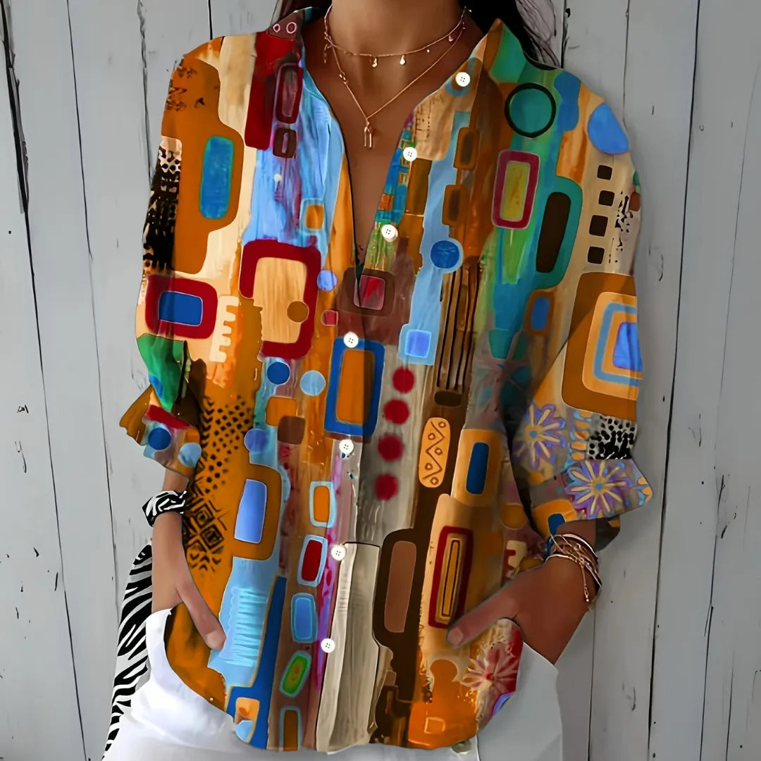 Women's Artistic Print Button-Up Blouse with Relaxed Fit