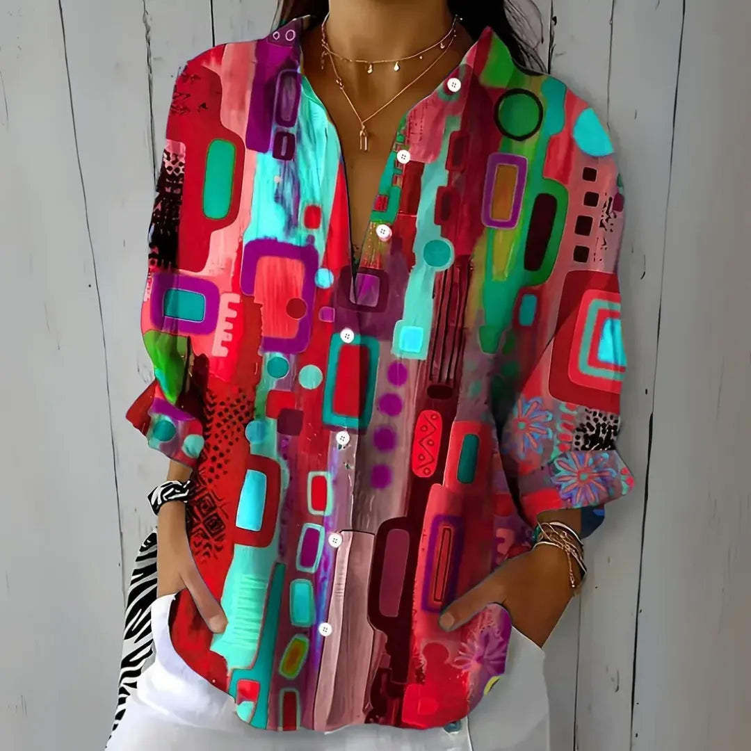 Women's Artistic Print Button-Up Blouse with Relaxed Fit