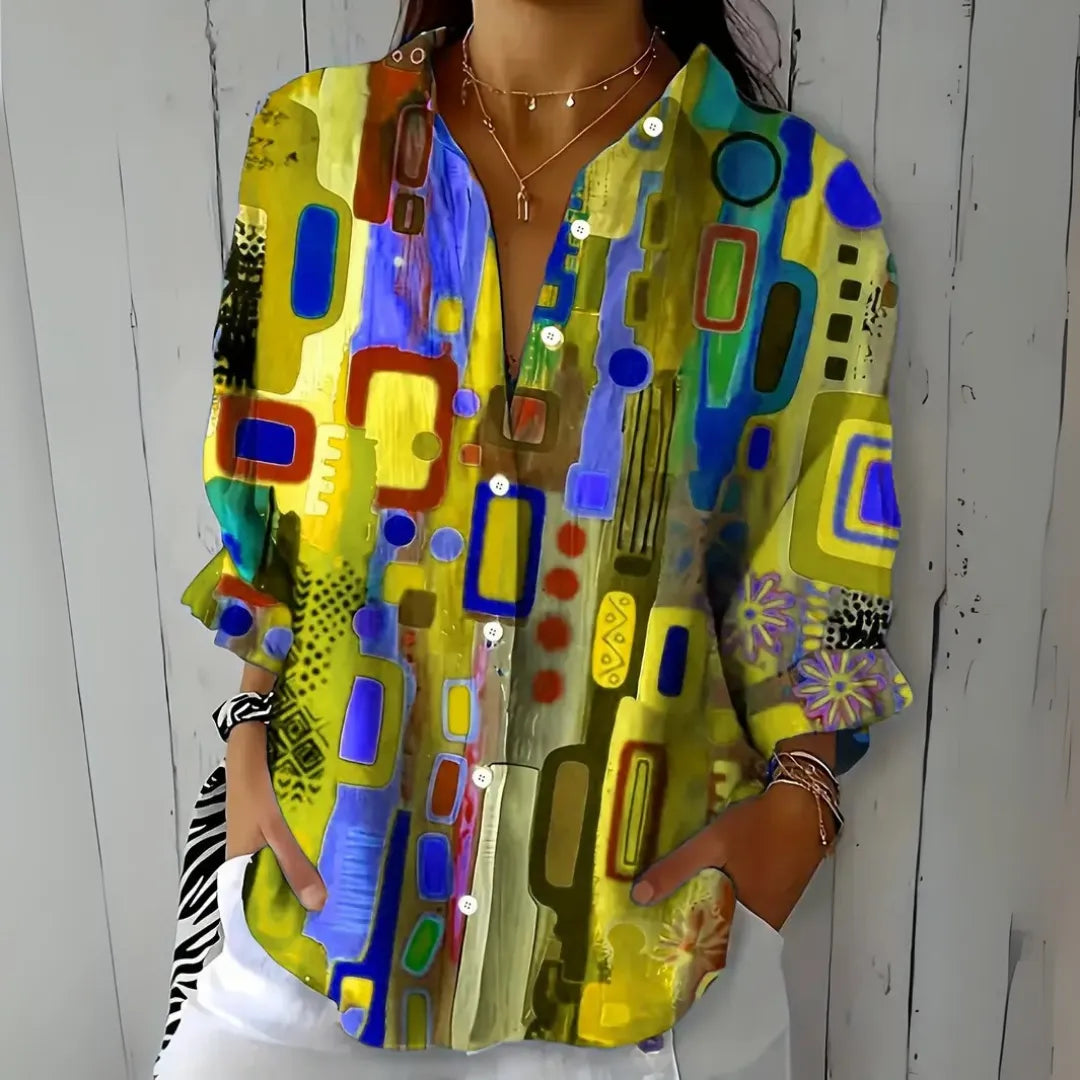 Women's Artistic Print Button-Up Blouse with Relaxed Fit