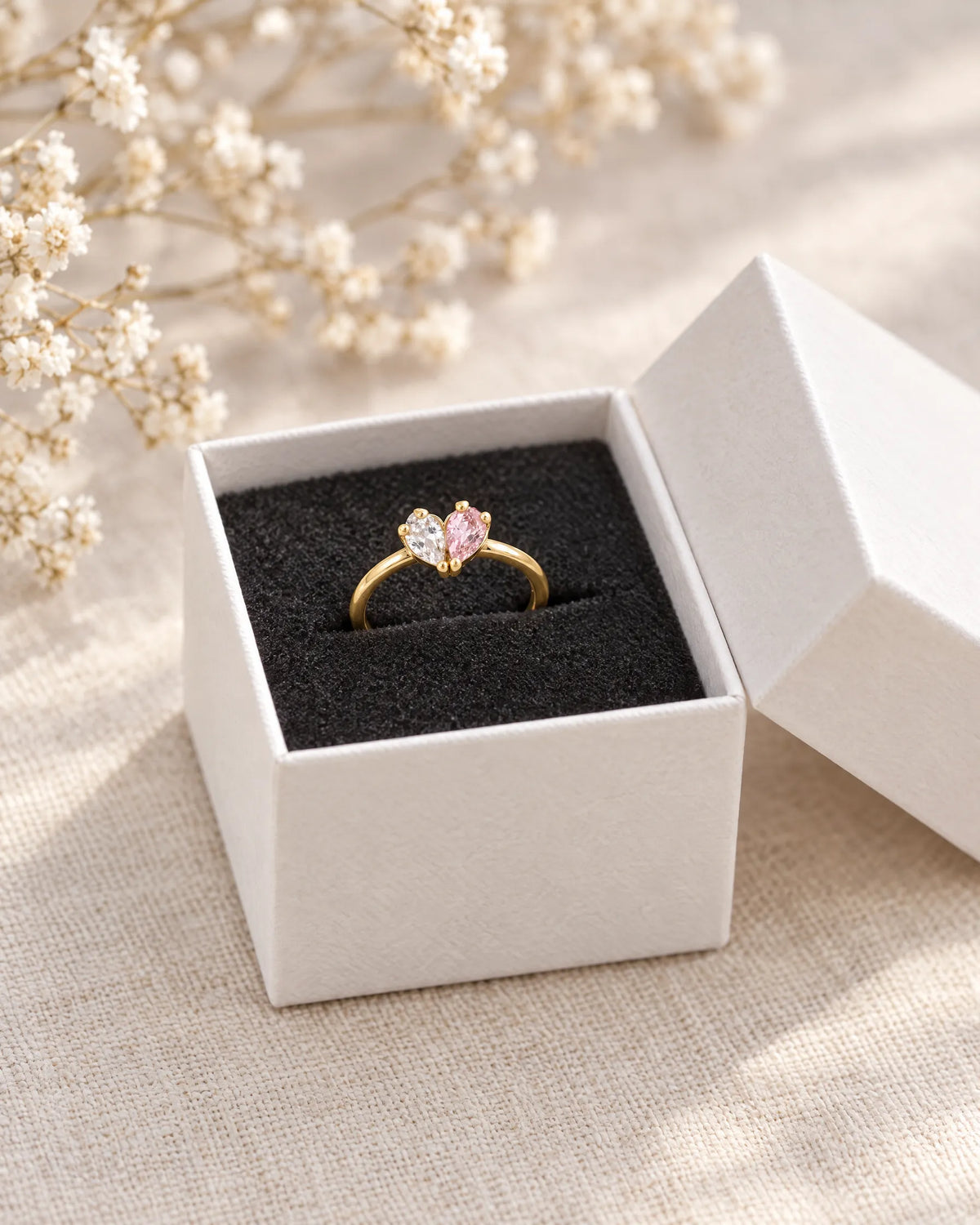 Women's Birthstone Heart Ring with Dual Teardrop Stones