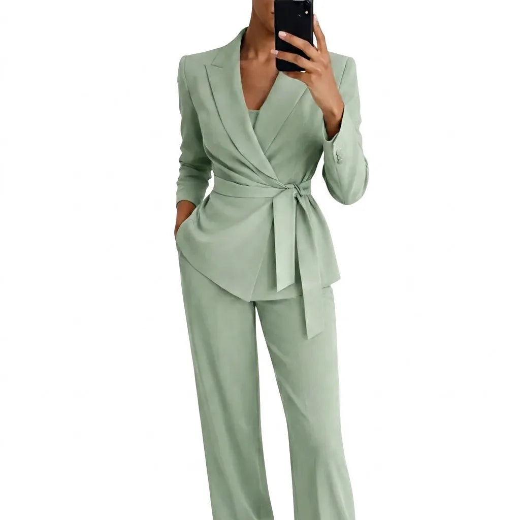 Women's Blazer and Trousers Two-Piece Set with Tie Belt