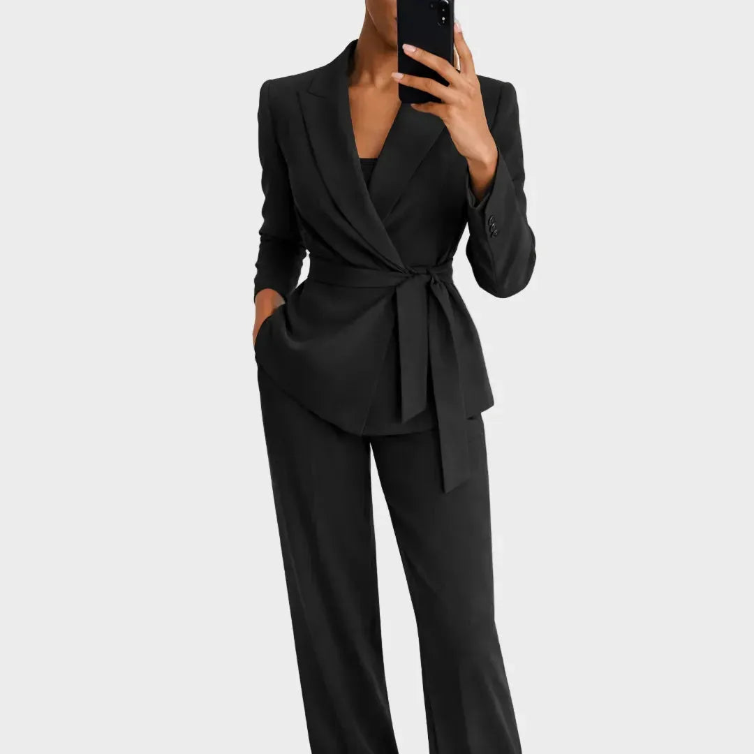 Women's Blazer and Trousers Two-Piece Set with Tie Belt