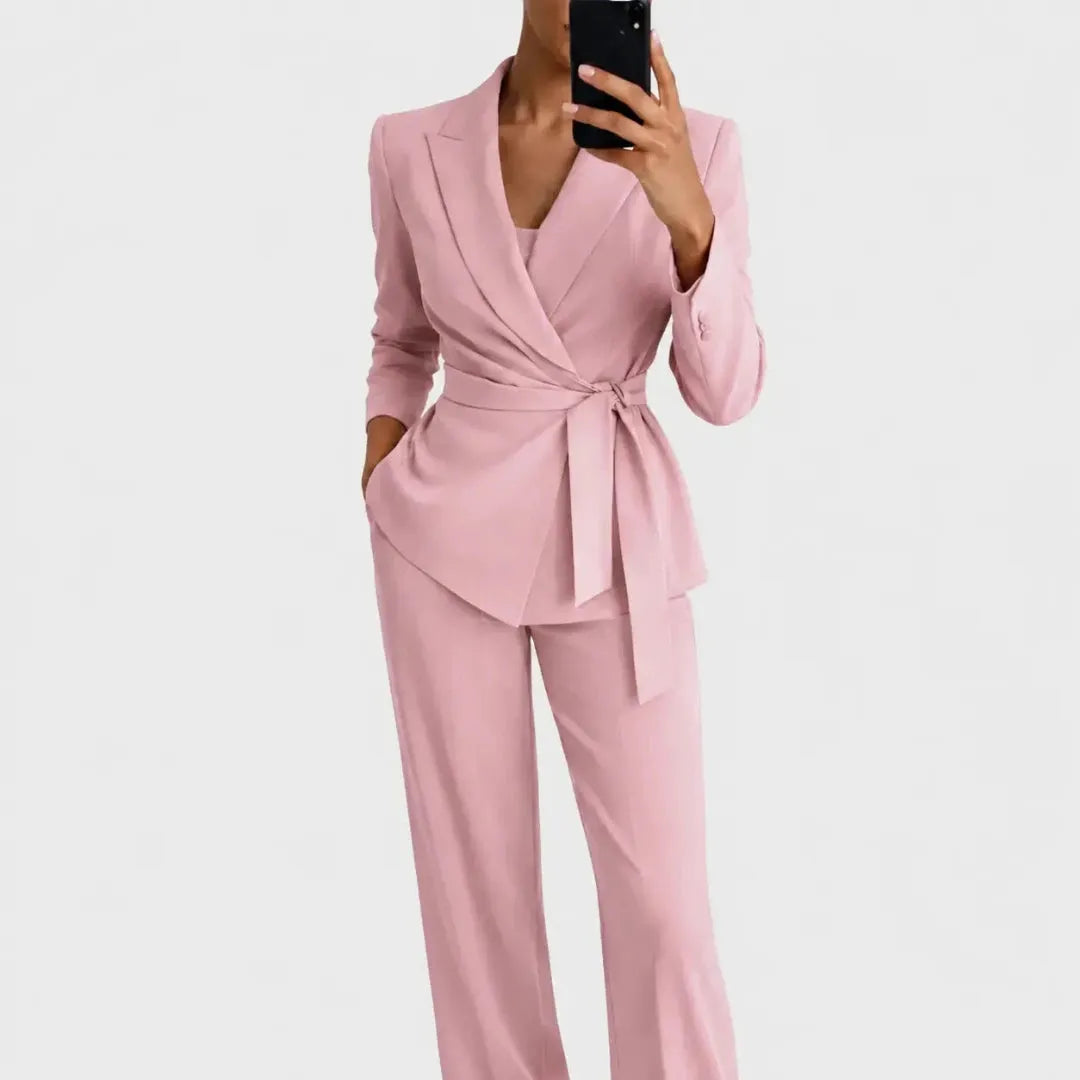 Women's Blazer and Trousers Two-Piece Set with Tie Belt