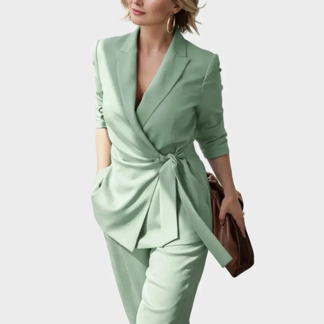 Women's Blazer and Trousers Two-Piece Set with Tie Belt