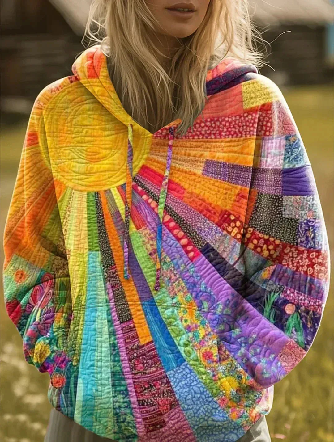Women's Bohemian Patchwork Multicolor Hoodie with Drawstring