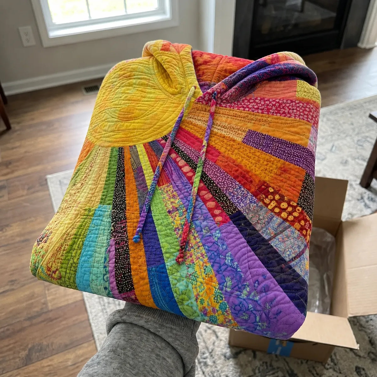Women's Bohemian Patchwork Multicolor Hoodie with Drawstring