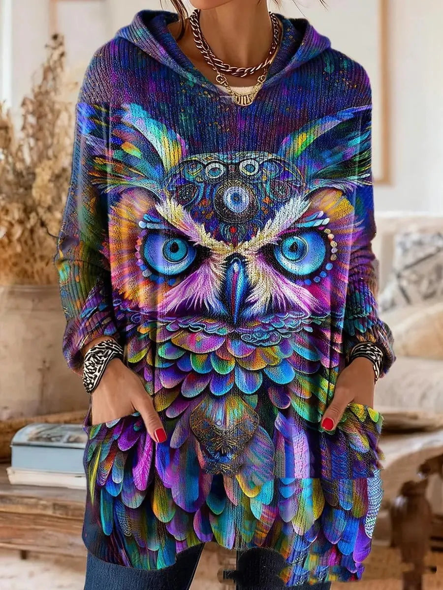 Women's Bohemian Pattern Hooded Tunic Top with Long Sleeves