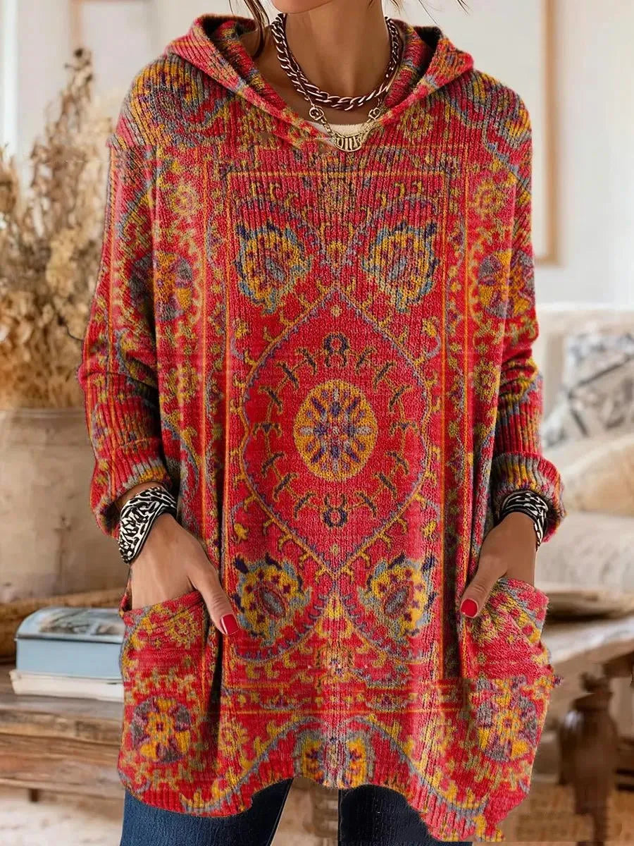 Women's Bohemian Pattern Hooded Tunic Top with Long Sleeves