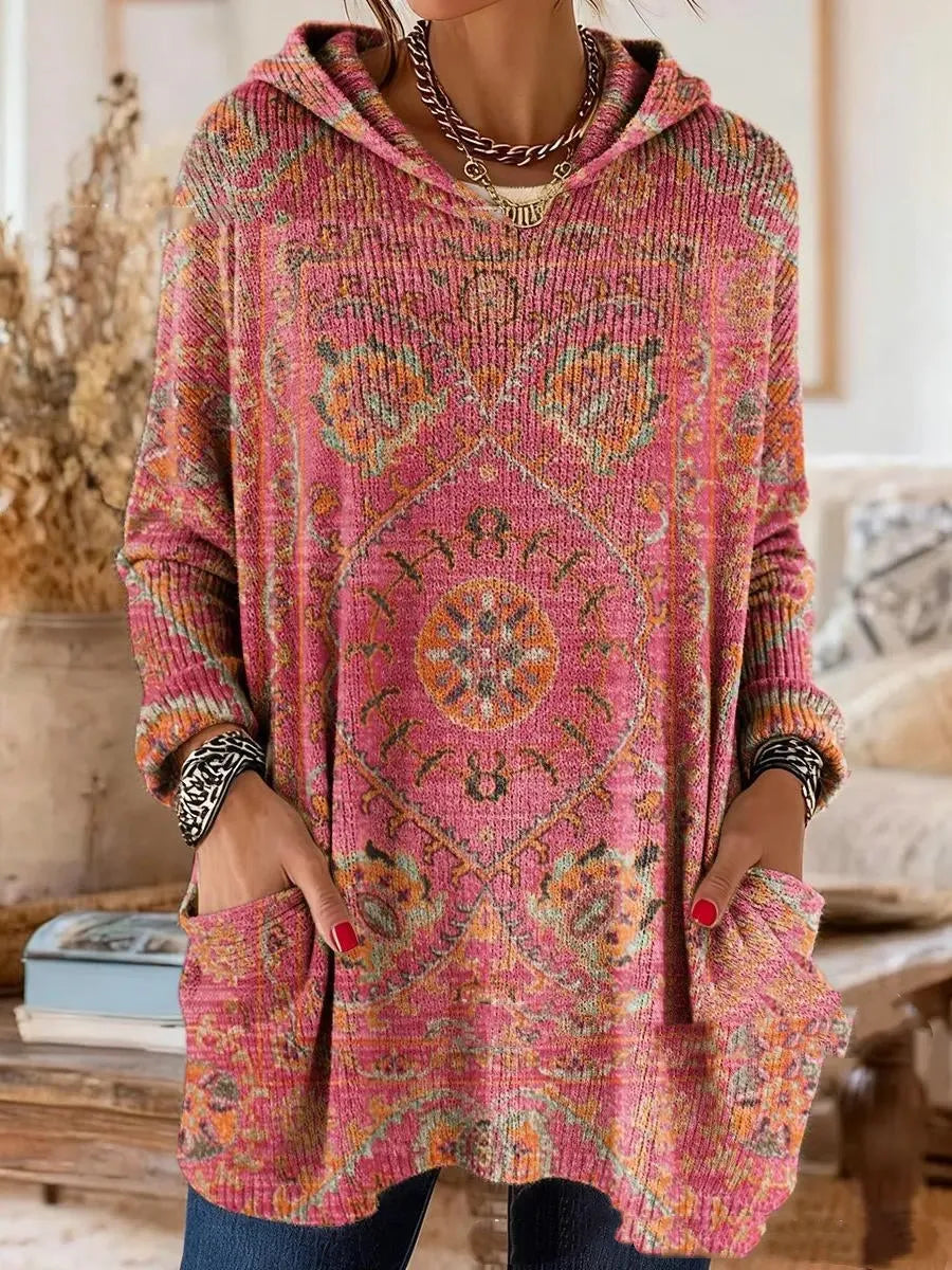 Women's Bohemian Pattern Hooded Tunic Top with Long Sleeves