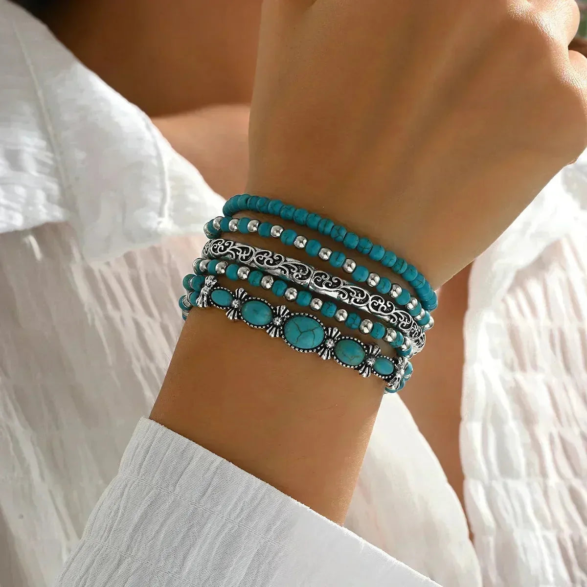 Women's Bohemian Turquoise Bead Bracelet Set with Elastic Band