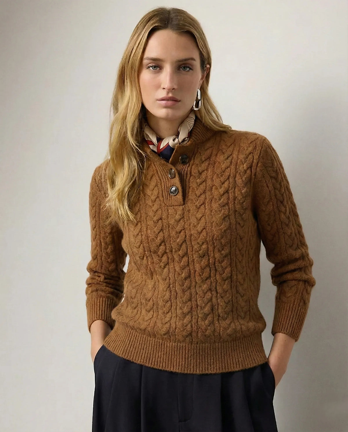 Women's Button-Neck Cable-Knit Sweater with Stand Collar