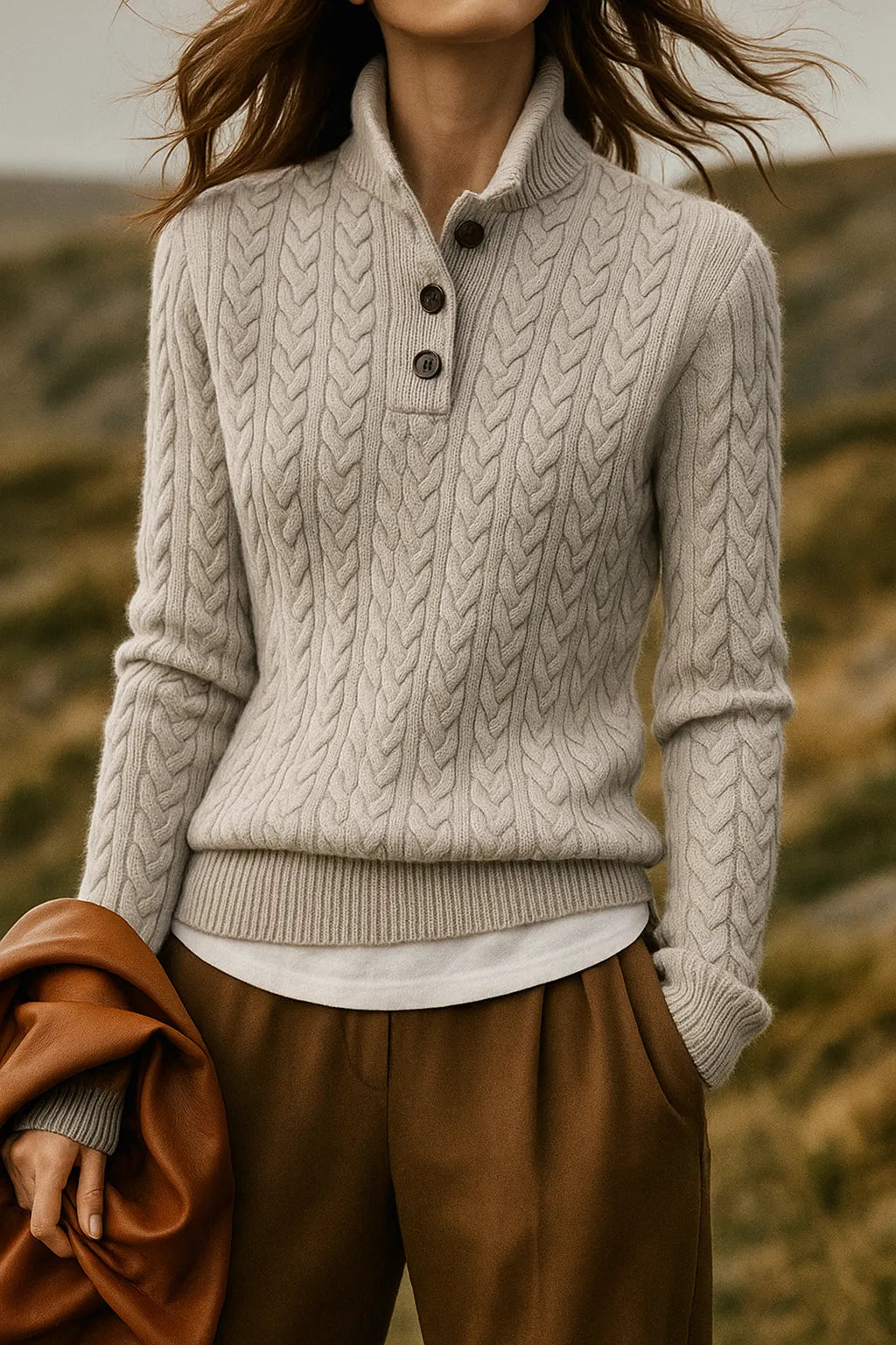 Women's Button-Neck Cable-Knit Sweater with Stand Collar