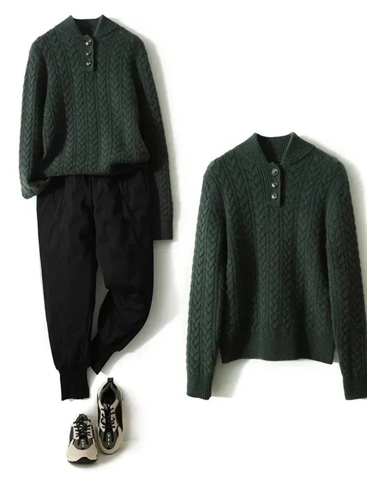 Women's Button-Neck Cable-Knit Sweater with Stand Collar