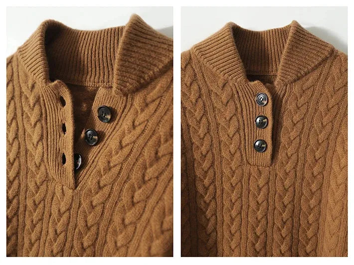 Women's Button-Neck Cable-Knit Sweater with Stand Collar