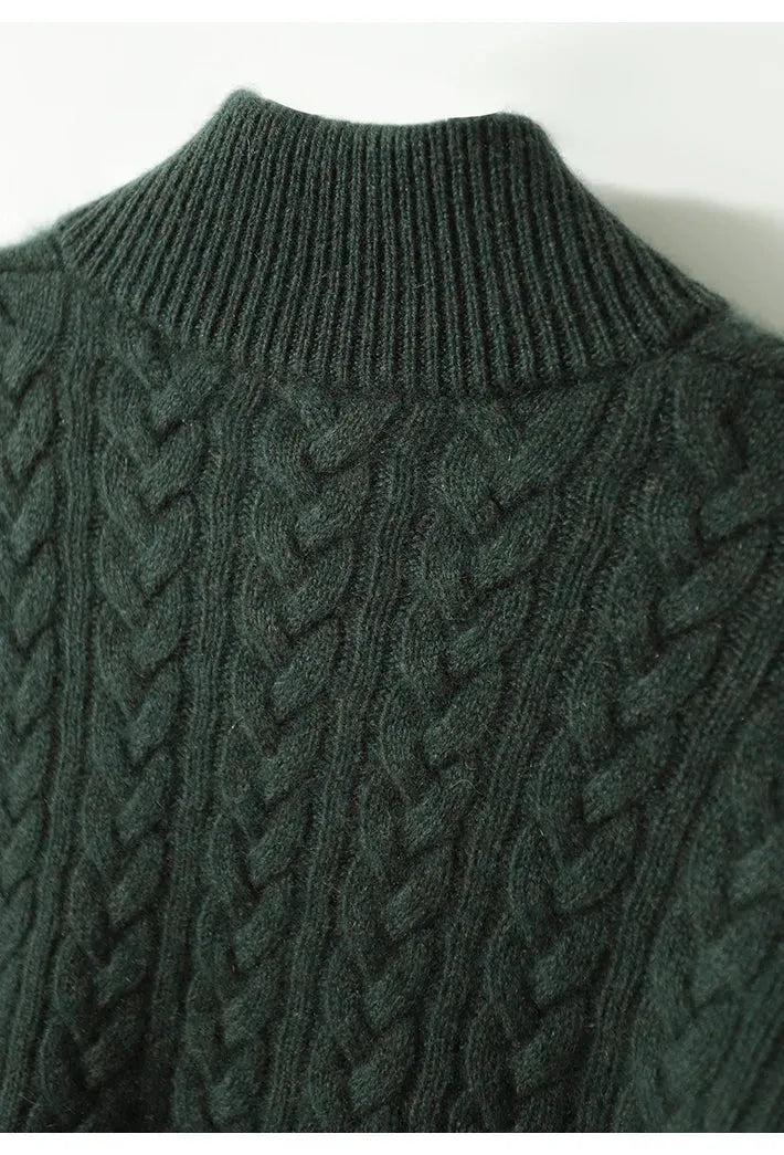 Women's Button-Neck Cable-Knit Sweater with Stand Collar