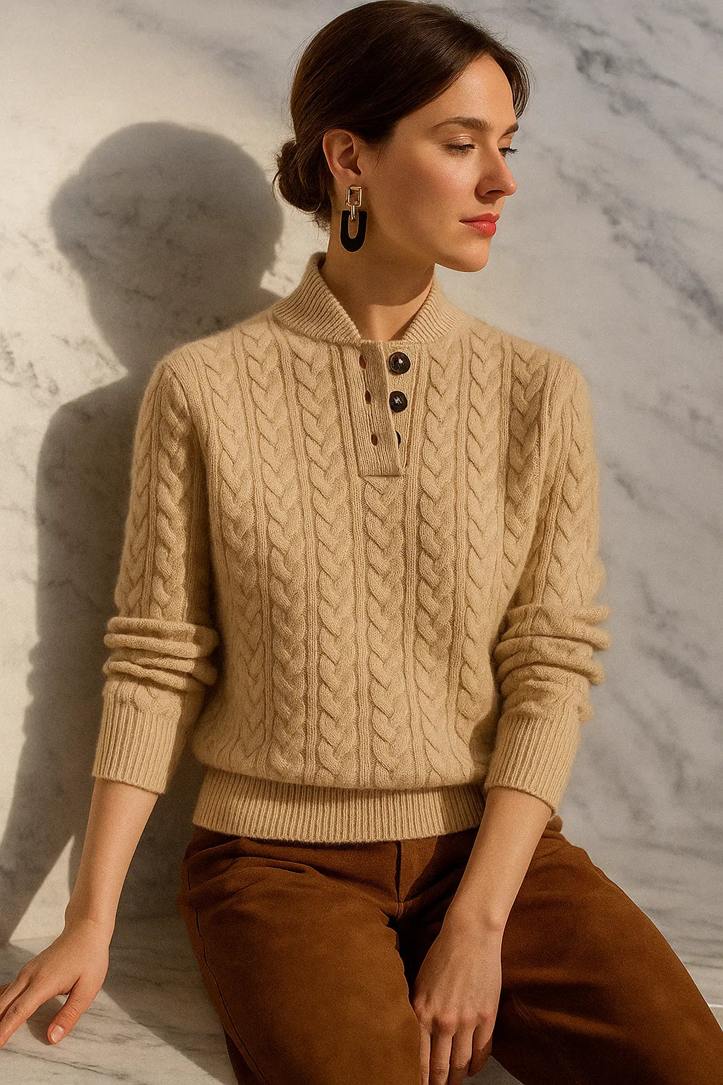 Women's Button-Neck Cable-Knit Sweater with Stand Collar
