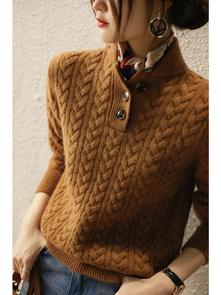 Women's Button-Neck Cable-Knit Sweater with Stand Collar