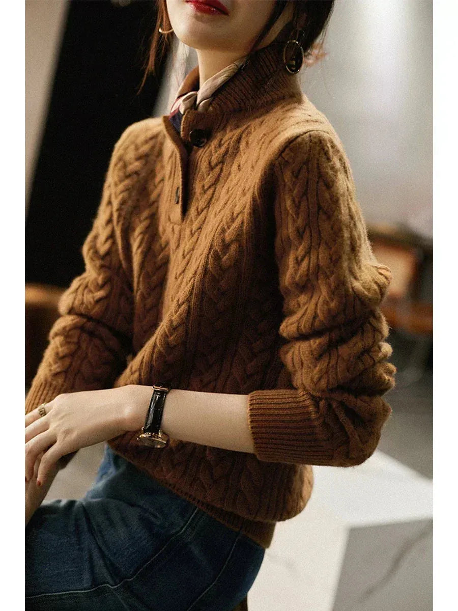 Women's Button-Neck Cable-Knit Sweater with Stand Collar