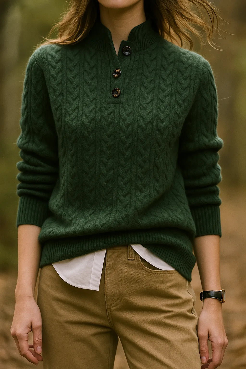Women's Button-Neck Cable-Knit Sweater with Stand Collar