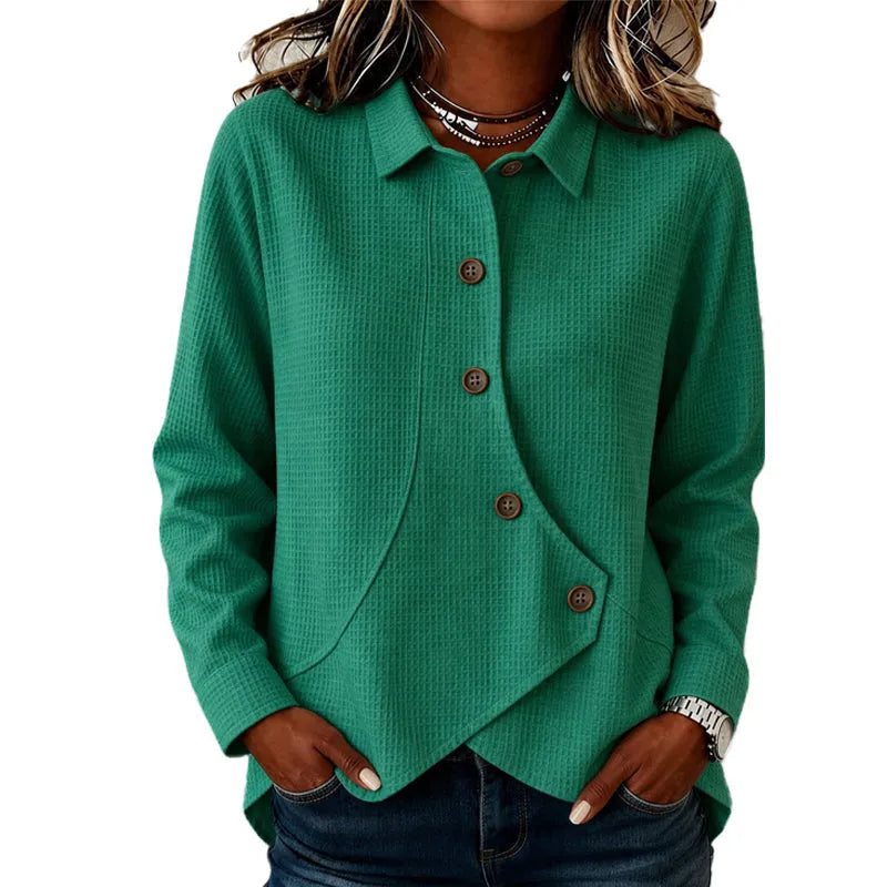 Women's Buttoned Knit Top with Asymmetric Hem