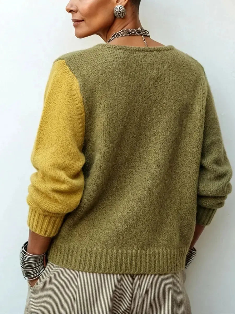 Women's Color Block Knit Sweater with Asymmetrical Buttons