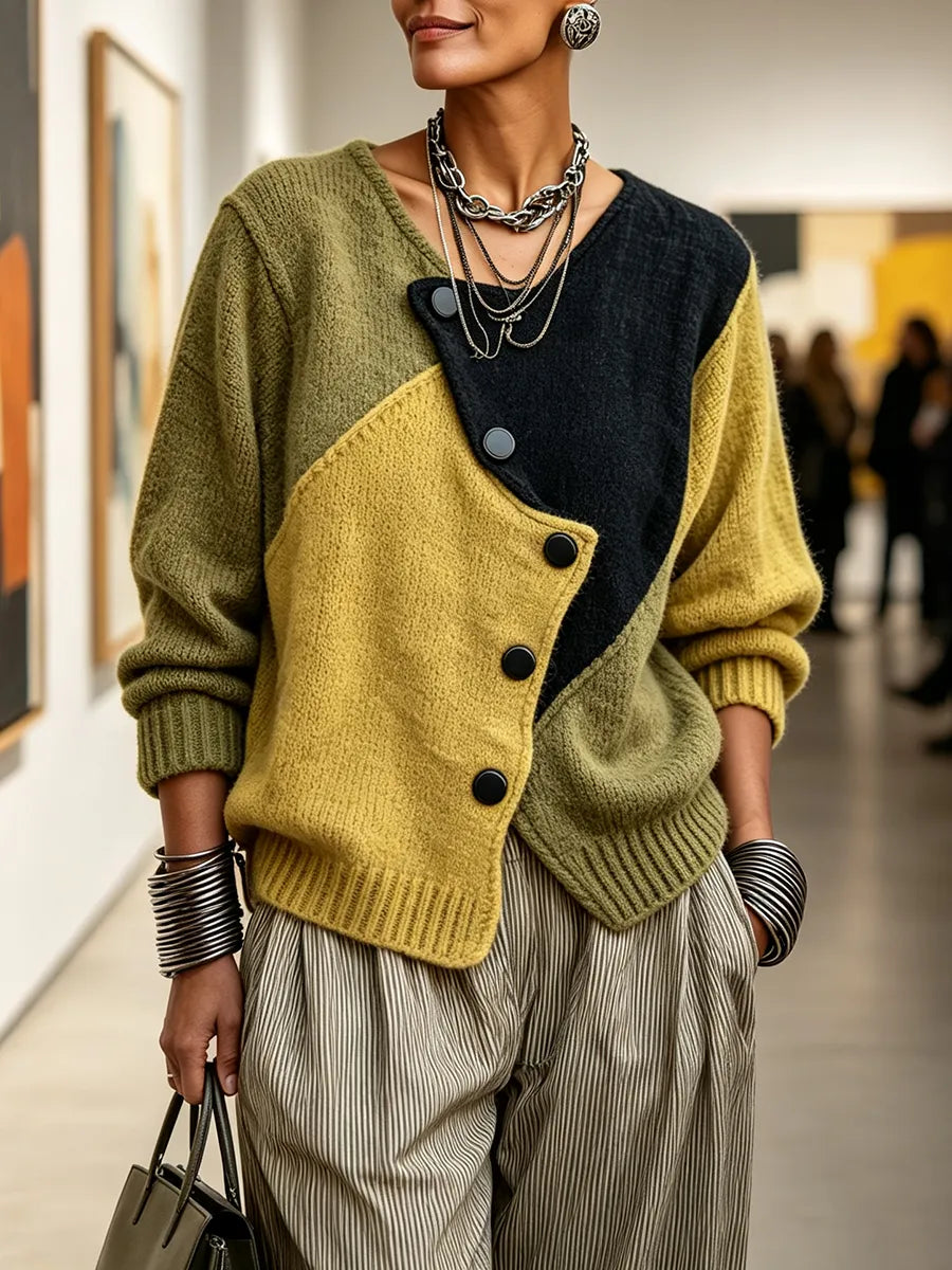Women's Color Block Knit Sweater with Asymmetrical Buttons